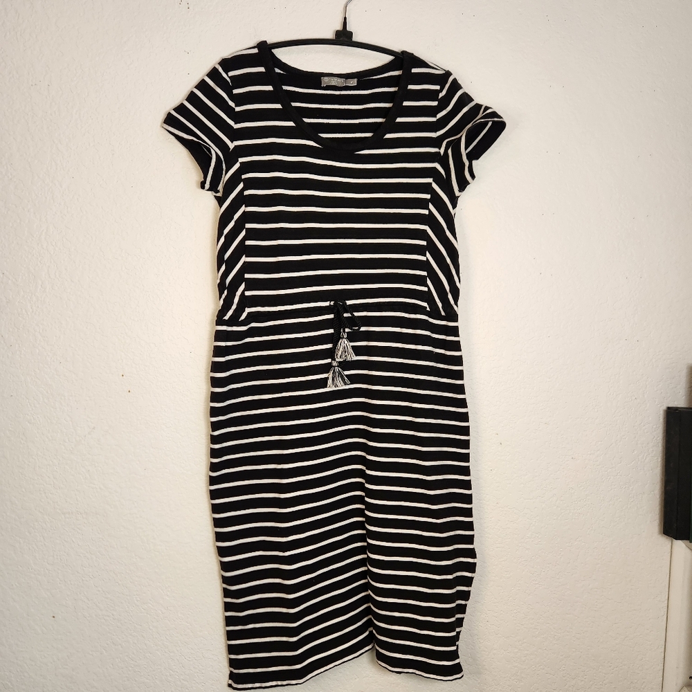 Talbots T by Talbots Black and White Striped Midi Dress, Size MP